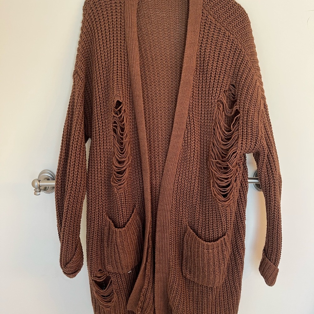 Active USA Distressed Brown Cardigan Sweater